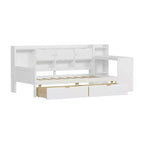 MAYEERTY Lit en bois en forme de L avec sept armoires de rangement et deux tiroirs de rangement, bureau et bibliothèque pour chambre à coucher, blanc