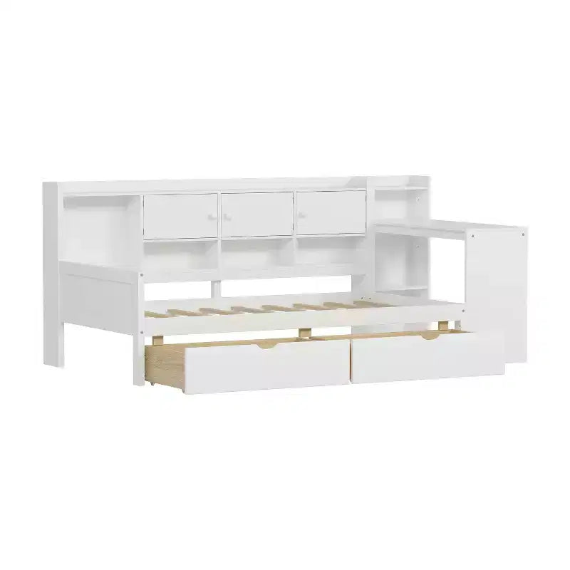 MAYEERTY Lit en bois en forme de L avec sept armoires de rangement et deux tiroirs de rangement, bureau et bibliothèque pour chambre à coucher, blanc