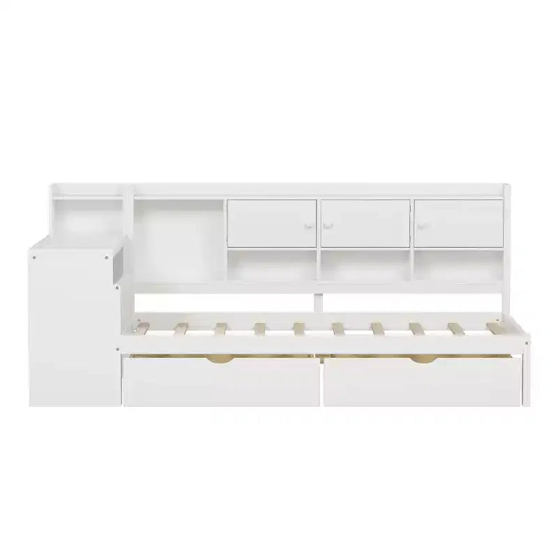 MAYEERTY Lit en bois en forme de L avec sept armoires de rangement et deux tiroirs de rangement, bureau et bibliothèque pour chambre à coucher, blanc