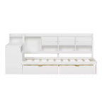 MAYEERTY Lit en bois en forme de L avec sept armoires de rangement et deux tiroirs de rangement, bureau et bibliothèque pour chambre à coucher, blanc