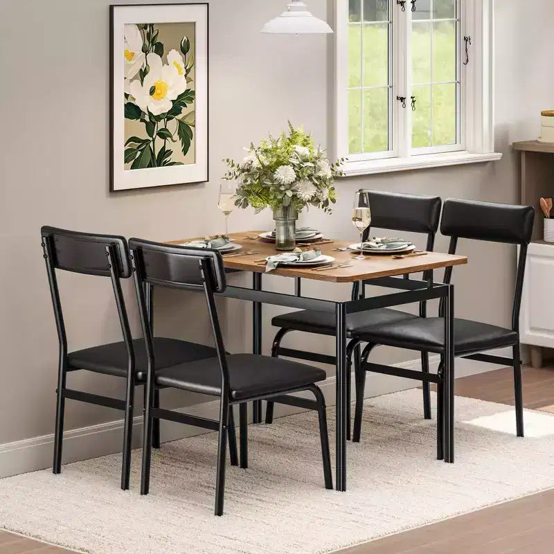 5 Piece Dining Table Set, Wooden Kitchen Table Set with 4 PU Upholstered Chair, Industrial Metal Frame Dinette Set for Dining Room, Home Dinner, Party