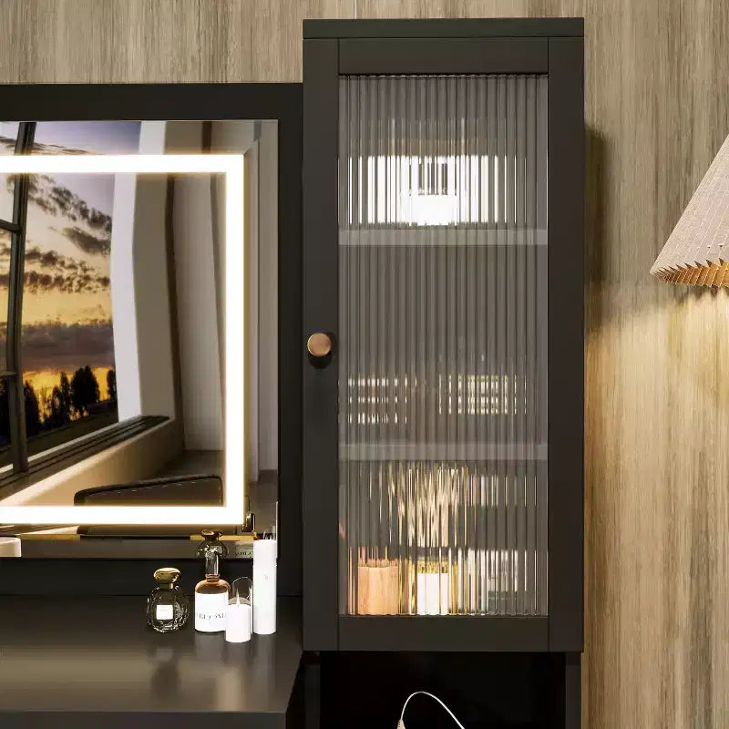 Coiffeuse avec miroir lumineux 3 couleurs, station de charge, support pour sèche-cheveux et tabouret rembourré, noir - ModernLuxe