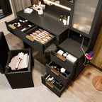 Coiffeuse avec miroir lumineux 3 couleurs, station de charge, support pour sèche-cheveux et tabouret rembourré, noir - ModernLuxe