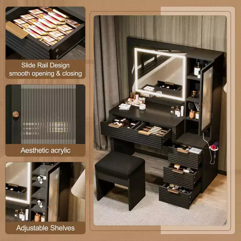 Coiffeuse avec miroir lumineux 3 couleurs, station de charge, support pour sèche-cheveux et tabouret rembourré, noir - ModernLuxe