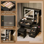 Coiffeuse avec miroir lumineux 3 couleurs, station de charge, support pour sèche-cheveux et tabouret rembourré, noir - ModernLuxe