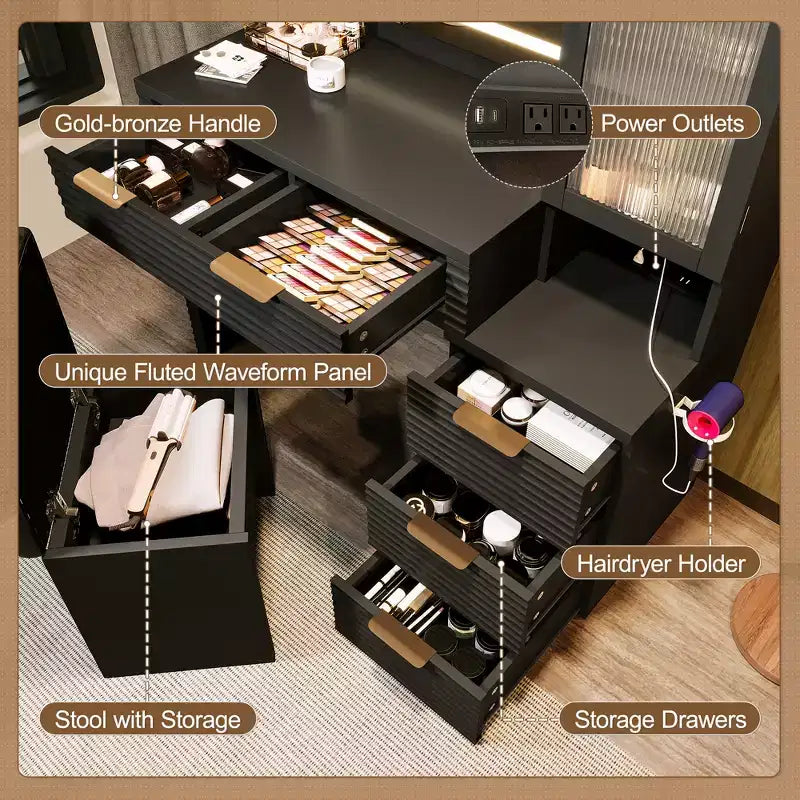 Coiffeuse avec miroir lumineux 3 couleurs, station de charge, support pour sèche-cheveux et tabouret rembourré, noir - ModernLuxe