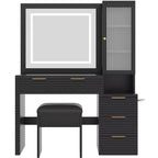 Coiffeuse avec miroir lumineux 3 couleurs, station de charge, support pour sèche-cheveux et tabouret rembourré, noir - ModernLuxe
