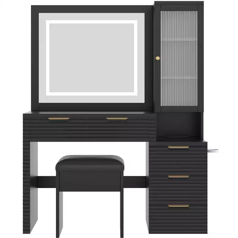 Coiffeuse avec miroir lumineux 3 couleurs, station de charge, support pour sèche-cheveux et tabouret rembourré, noir - ModernLuxe