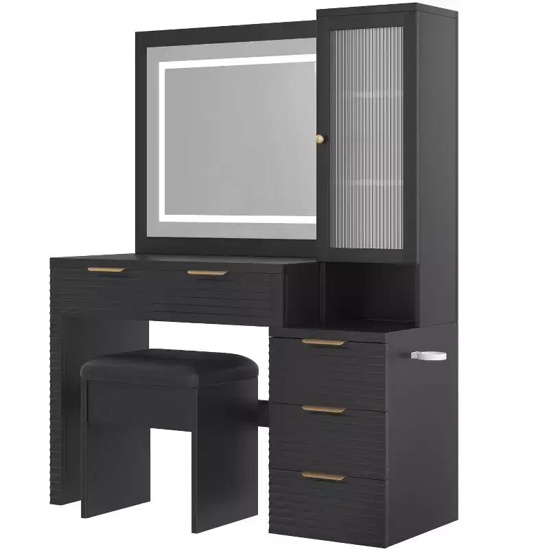 Coiffeuse avec miroir lumineux 3 couleurs, station de charge, support pour sèche-cheveux et tabouret rembourré, noir - ModernLuxe