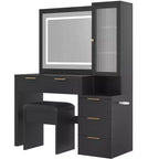 Coiffeuse avec miroir lumineux 3 couleurs, station de charge, support pour sèche-cheveux et tabouret rembourré, noir - ModernLuxe