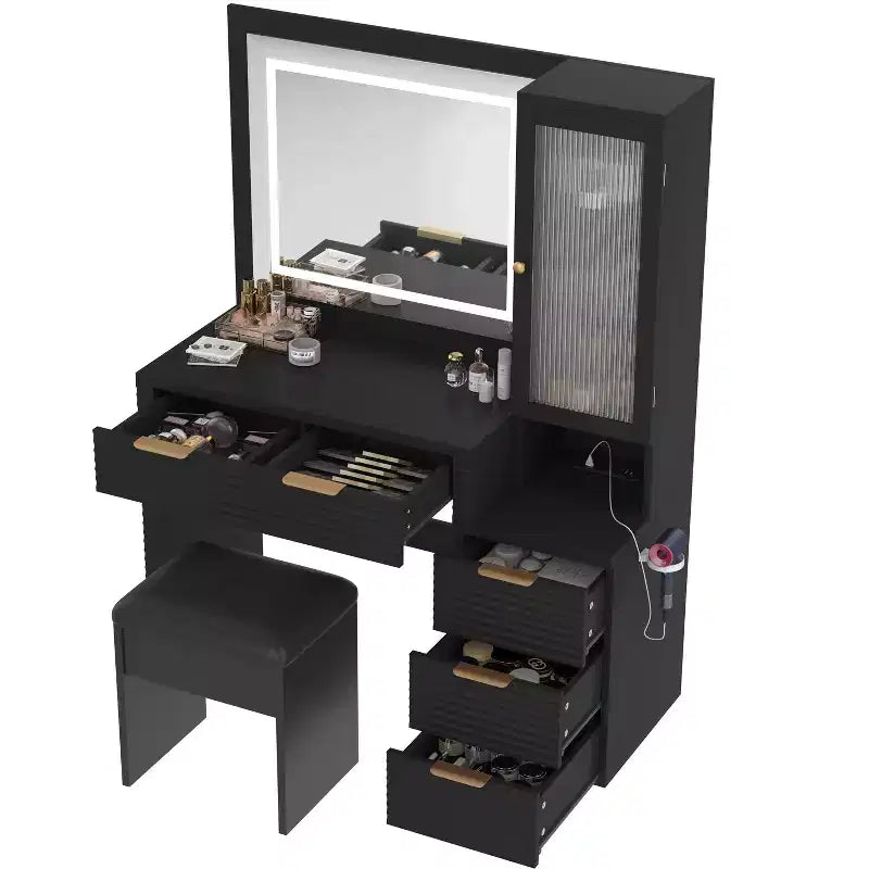 Coiffeuse avec miroir lumineux 3 couleurs, station de charge, support pour sèche-cheveux et tabouret rembourré, noir - ModernLuxe