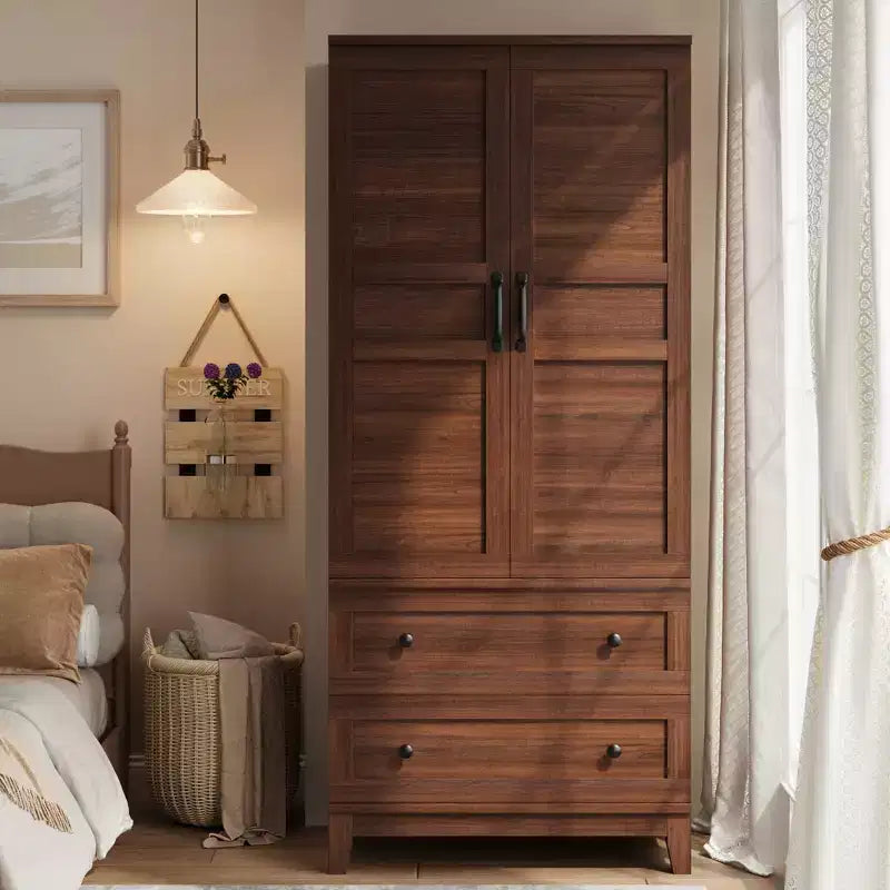 Armoire-penderie avec 2 tiroirs, armoire à vêtements haute en bois de 183 cm avec tringle à suspendre, armoire avec portes, étagères réglables, Noyer