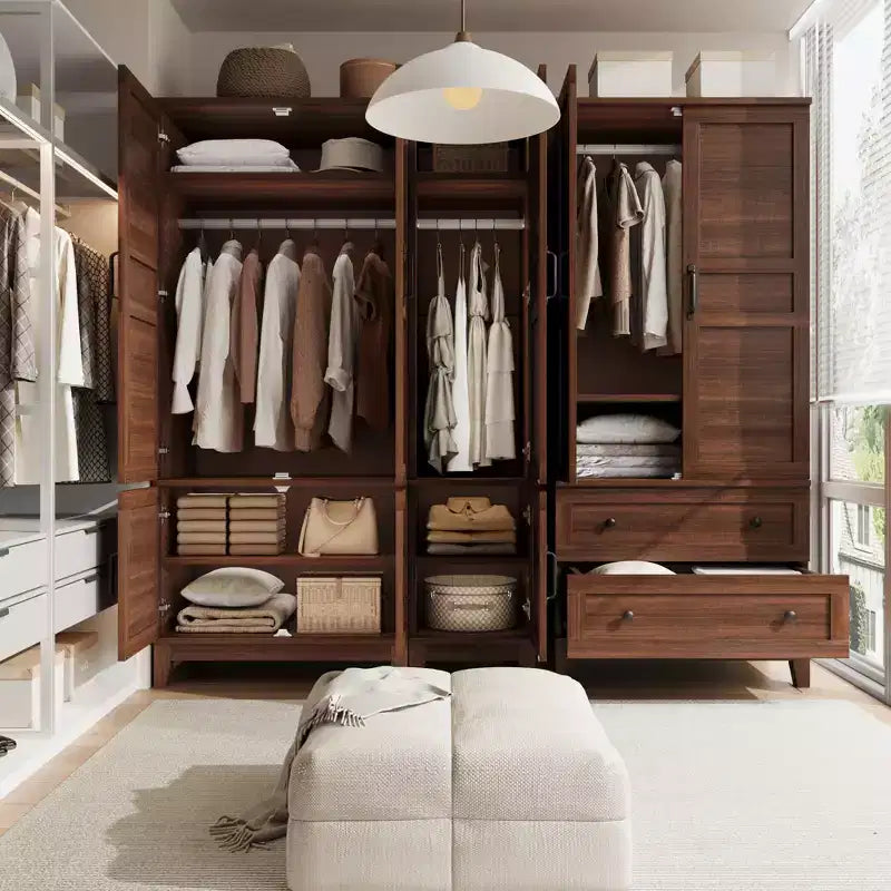 Armoire-penderie avec 2 tiroirs, armoire à vêtements haute en bois de 183 cm avec tringle à suspendre, armoire avec portes, étagères réglables, Noyer
