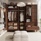 Armoire-penderie avec 2 tiroirs, armoire à vêtements haute en bois de 183 cm avec tringle à suspendre, armoire avec portes, étagères réglables, Noyer