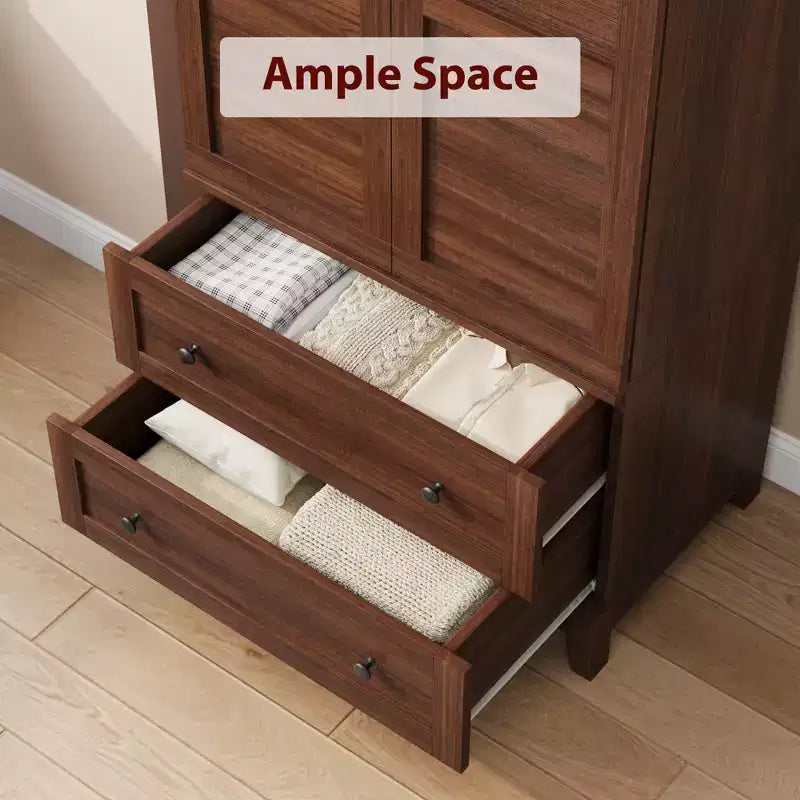 Armoire-penderie avec 2 tiroirs, armoire à vêtements haute en bois de 183 cm avec tringle à suspendre, armoire avec portes, étagères réglables, Noyer