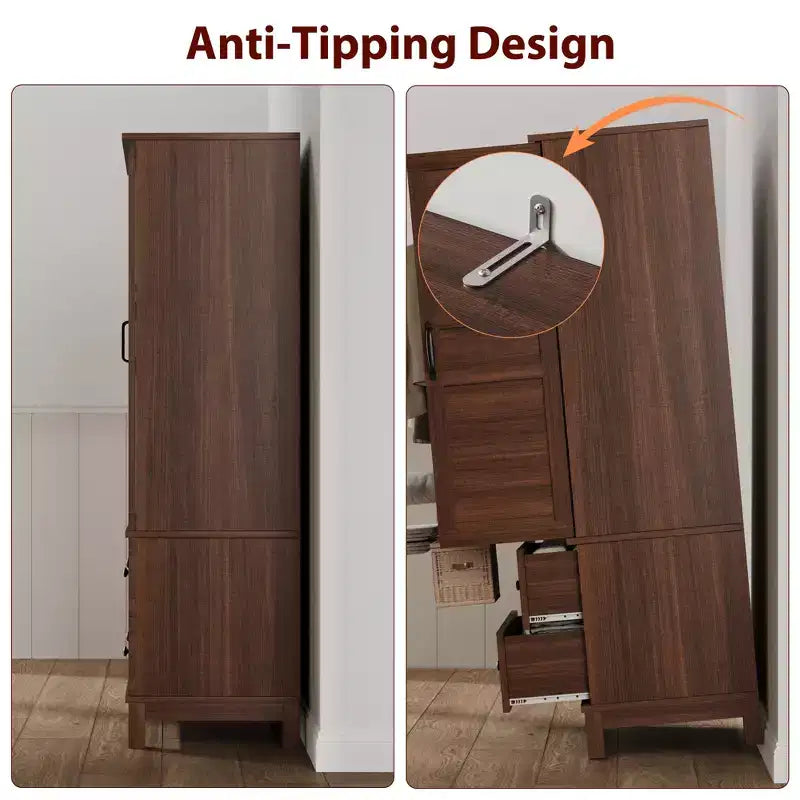 Armoire-penderie avec 2 tiroirs, armoire à vêtements haute en bois de 183 cm avec tringle à suspendre, armoire avec portes, étagères réglables, Noyer