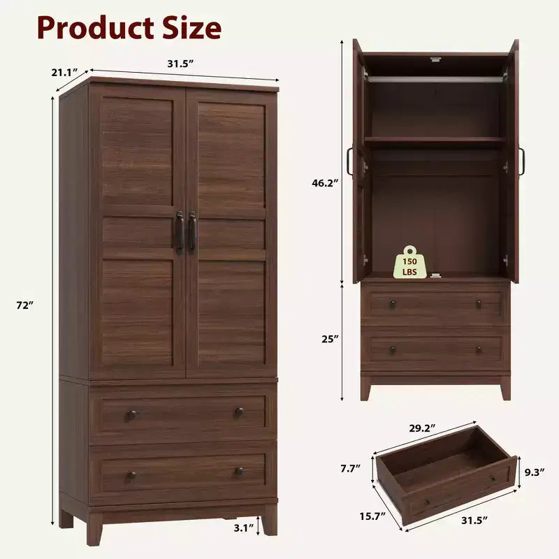 Armoire-penderie avec 2 tiroirs, armoire à vêtements haute en bois de 183 cm avec tringle à suspendre, armoire avec portes, étagères réglables, Noyer