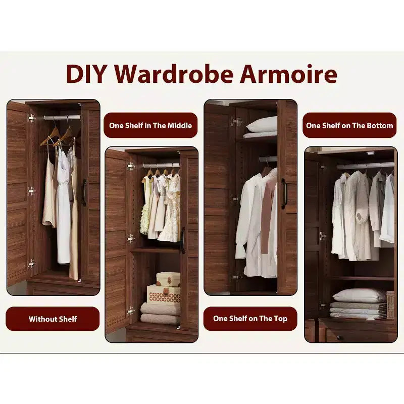 Armoire-penderie avec 2 tiroirs, armoire à vêtements haute en bois de 183 cm avec tringle à suspendre, armoire avec portes, étagères réglables, Noyer
