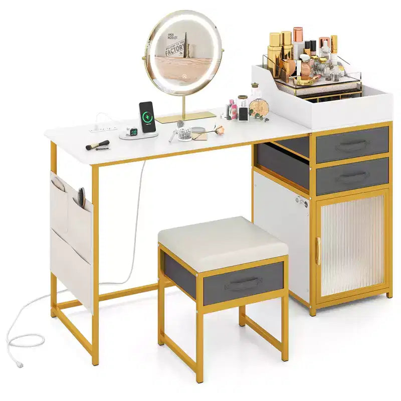 Costway Vanity Desk w/ Rotatable Lighted Mirror 55'' Makeup Vanity Table w/ Organizer