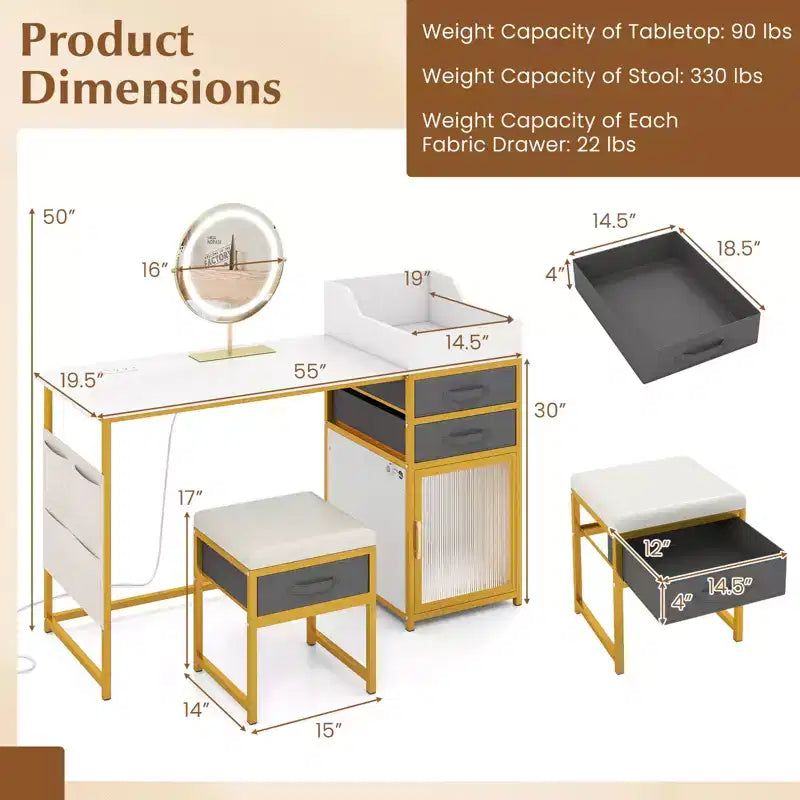 Costway Coiffeuse avec Miroir Lumineux Rotatif 55'' Table de Maquillage avec Organiseur