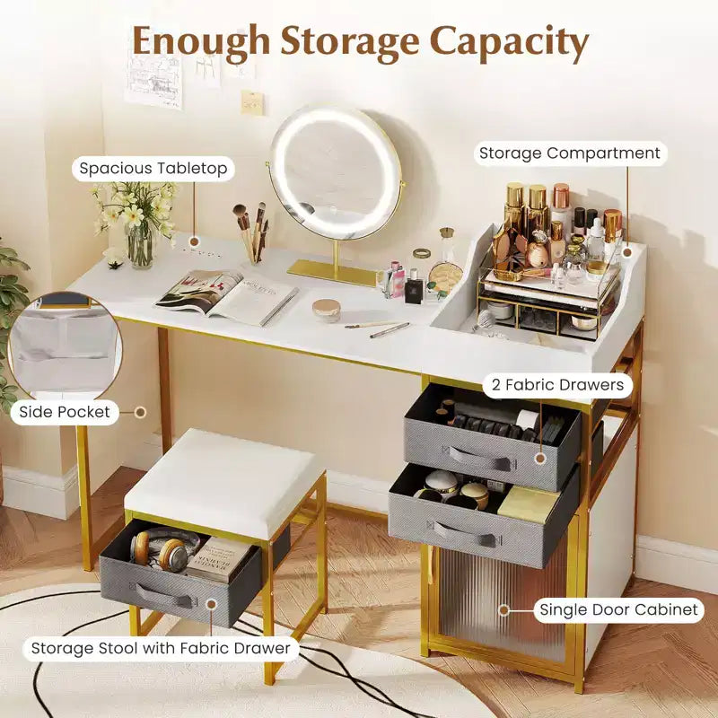 Costway Coiffeuse avec Miroir Lumineux Rotatif 55'' Table de Maquillage avec Organiseur