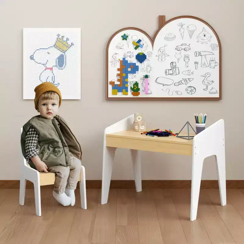JVNOXK Ensemble bureau et chaise rectangulaire pour enfants, comprend une chaise, bureau d'étude en bois pour enfants, convient aux 2-8 ans, blanc + bois naturel