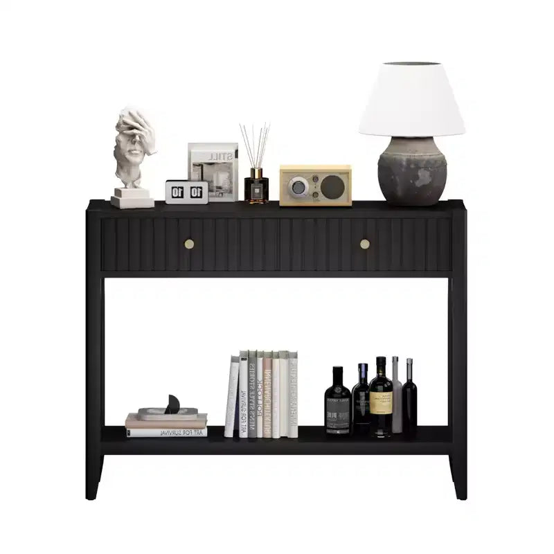 JVNOXK Console étroite de 99 cm avec tiroirs, table d'appoint en bois avec étagère de rangement centrale, idéale pour les couloirs ou les salons, noire