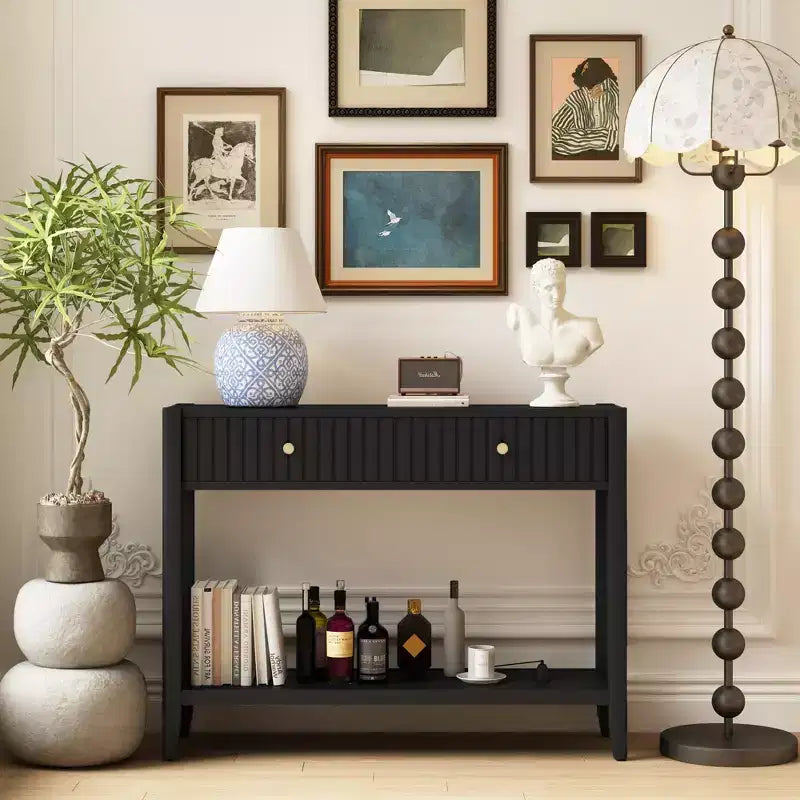 JVNOXK Console étroite de 99 cm avec tiroirs, table d'appoint en bois avec étagère de rangement centrale, idéale pour les couloirs ou les salons, noire