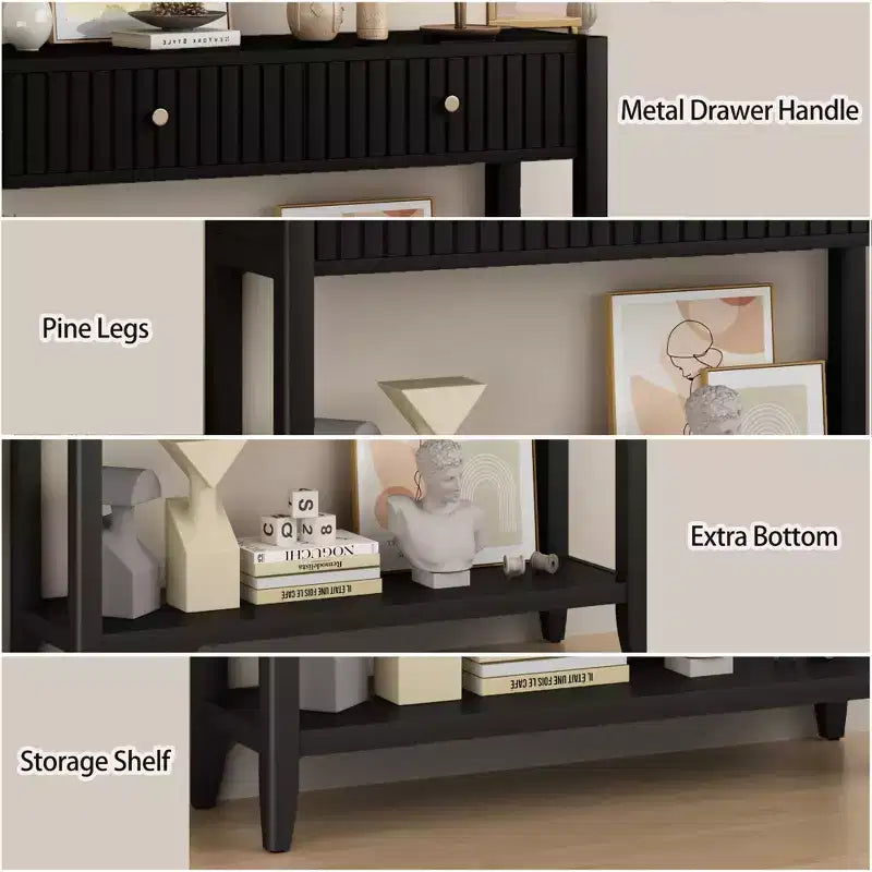 JVNOXK Console étroite de 99 cm avec tiroirs, table d'appoint en bois avec étagère de rangement centrale, idéale pour les couloirs ou les salons, noire
