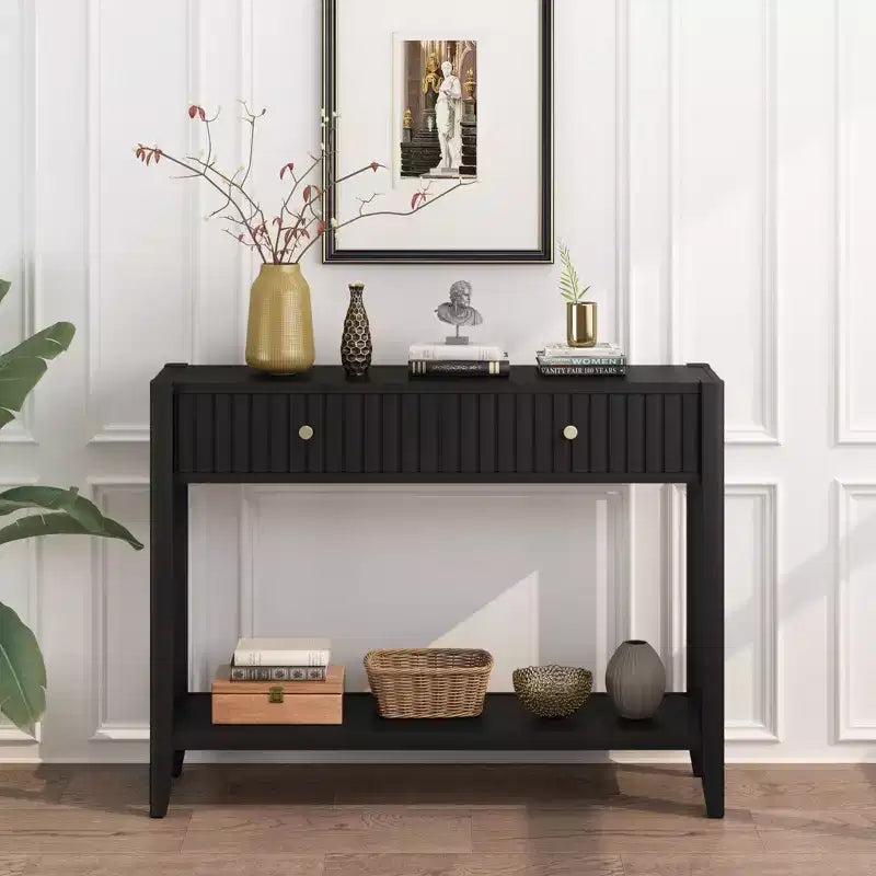 JVNOXK Console étroite de 99 cm avec tiroirs, table d'appoint en bois avec étagère de rangement centrale, idéale pour les couloirs ou les salons, noire