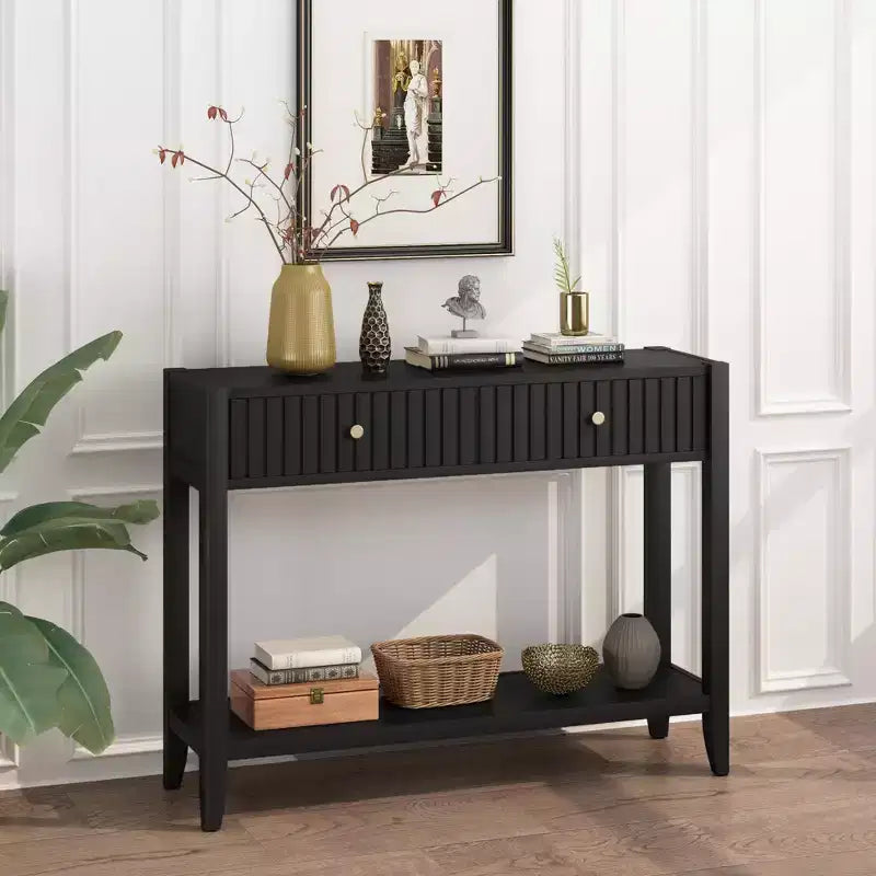 JVNOXK Console étroite de 99 cm avec tiroirs, table d'appoint en bois avec étagère de rangement centrale, idéale pour les couloirs ou les salons, noire
