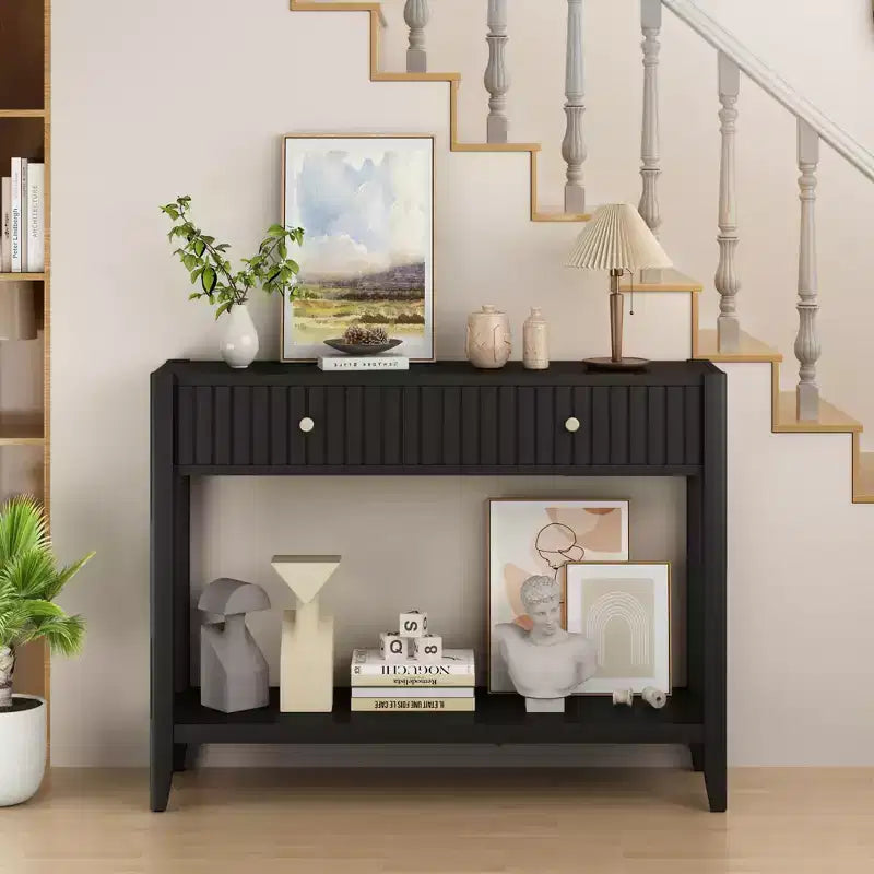 JVNOXK Console étroite de 99 cm avec tiroirs, table d'appoint en bois avec étagère de rangement centrale, idéale pour les couloirs ou les salons, noire