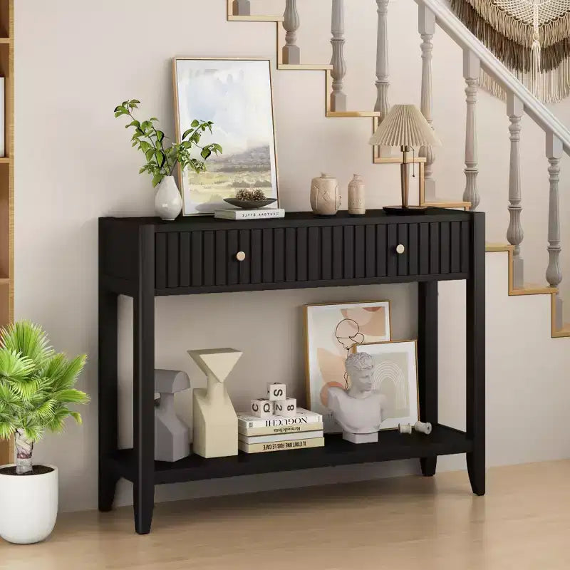 JVNOXK Console étroite de 99 cm avec tiroirs, table d'appoint en bois avec étagère de rangement centrale, idéale pour les couloirs ou les salons, noire