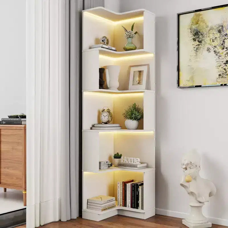 VIYET 69 Bibliothèque d'angle à 5 niveaux avec lumières LED, étagère de présentation en forme de L blanche (design à déflecteur pour bureau à domicile et salon)