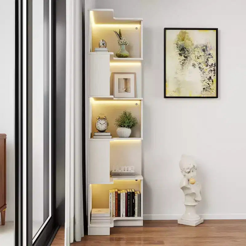 VIYET 69 Bibliothèque d'angle à 5 niveaux avec lumières LED, étagère de présentation en forme de L blanche (design à déflecteur pour bureau à domicile et salon)