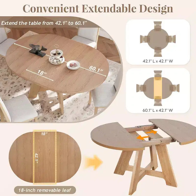 Ensemble de salle à manger Whisen 5 pièces style ferme avec table ronde extensible et 4 chaises tapissées