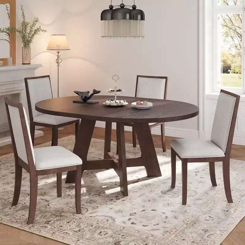 Ensemble de salle à manger Whisen 5 pièces style ferme avec table ronde extensible et 4 chaises tapissées