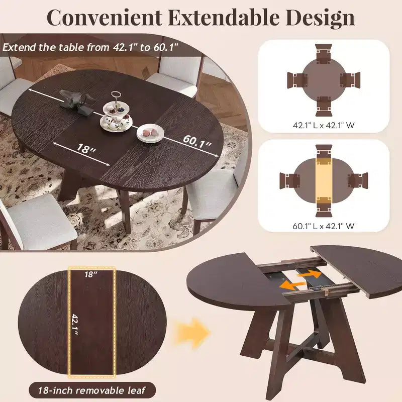 Ensemble de salle à manger Whisen 5 pièces style ferme avec table ronde extensible et 4 chaises tapissées