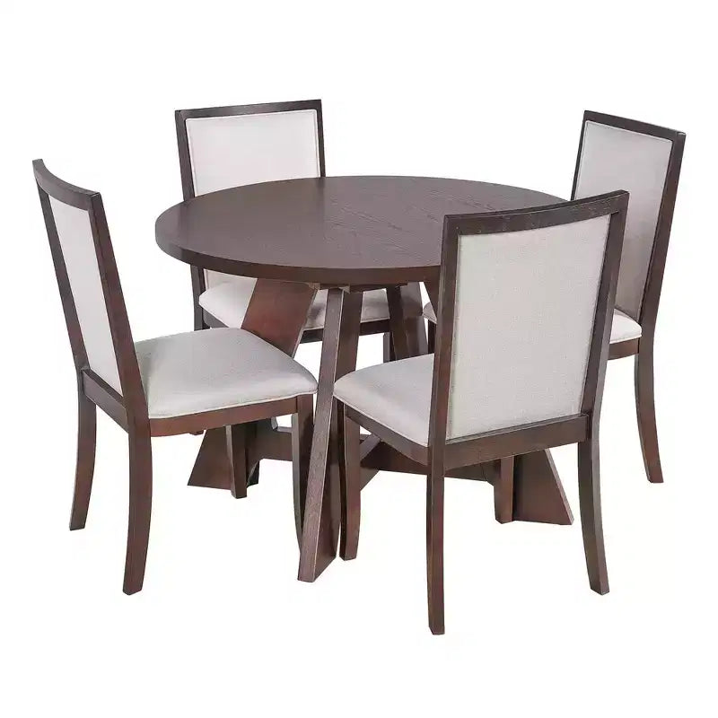 Ensemble de salle à manger Whisen 5 pièces style ferme avec table ronde extensible et 4 chaises tapissées