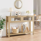 Rustic Wood Console Table with 2 Glass Drawers - Narrow 2-Tier Sofa Side Table - Open Storage Shelf for Living Room, Hallway, Foyer, Kitchen, Office