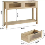 Console en bois rustique avec 2 tiroirs en verre - Table d'appoint étroite à 2 niveaux pour canapé - Étagère de rangement ouverte pour salon, couloir, hall d'entrée, cuisine, bureau