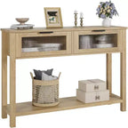 Console en bois rustique avec 2 tiroirs en verre - Table d'appoint étroite à 2 niveaux pour canapé - Étagère de rangement ouverte pour salon, couloir, hall d'entrée, cuisine, bureau