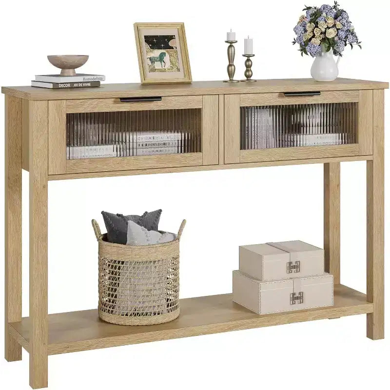 Console en bois rustique avec 2 tiroirs en verre - Table d'appoint étroite à 2 niveaux pour canapé - Étagère de rangement ouverte pour salon, couloir, hall d'entrée, cuisine, bureau