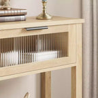 Console en bois rustique avec 2 tiroirs en verre - Table d'appoint étroite à 2 niveaux pour canapé - Étagère de rangement ouverte pour salon, couloir, hall d'entrée, cuisine, bureau