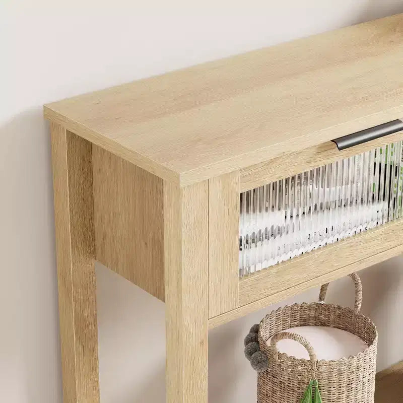 Console en bois rustique avec 2 tiroirs en verre - Table d'appoint étroite à 2 niveaux pour canapé - Étagère de rangement ouverte pour salon, couloir, hall d'entrée, cuisine, bureau