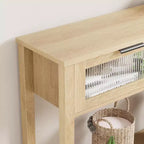 Console en bois rustique avec 2 tiroirs en verre - Table d'appoint étroite à 2 niveaux pour canapé - Étagère de rangement ouverte pour salon, couloir, hall d'entrée, cuisine, bureau