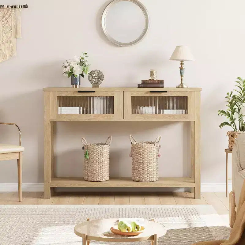 Console en bois rustique avec 2 tiroirs en verre - Table d'appoint étroite à 2 niveaux pour canapé - Étagère de rangement ouverte pour salon, couloir, hall d'entrée, cuisine, bureau