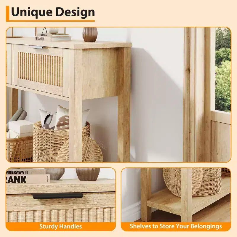 Console étroite à 2 tiroirs à canneler - Table d'appoint moderne pour entrée avec étagère inférieure - Meuble compact pour couloir et salon