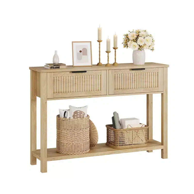 Console étroite à 2 tiroirs à canneler - Table d'appoint moderne pour entrée avec étagère inférieure - Meuble compact pour couloir et salon
