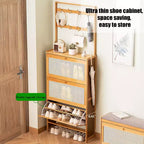 Meuble à chaussures en bambou avec 3 tiroirs basculants en rotin et patères, armoire à chaussures étroite sur pied